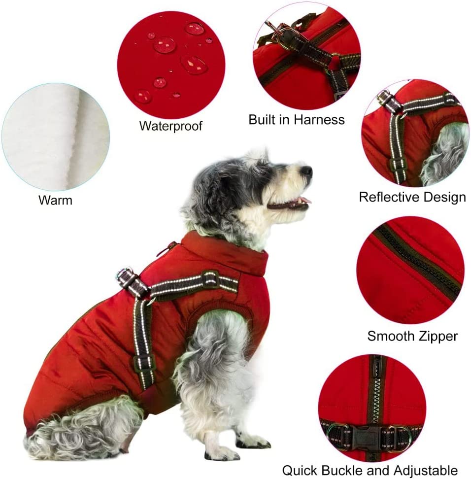 KUTKUT Padded Vest Dog Jacket with Harness Winter Dog Coat Fleece Dog Jacket Waterproof Dog Coat Zipper Dog Jacket Dog Coat with Reflective Harness for Small Dogs-Jacket-kutkutstyle