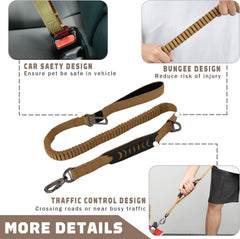 KUTKUT Heavy Duty Dog Leash with Car Seat Belt, 6Ft Shock Absorbing Tactical Bungee Dog Leash, No Pull Dog Training Leash with Double Handle for Small Medium Large Breed (Brown) - kutkutstyle