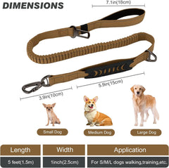 KUTKUT Heavy Duty Dog Leash with Car Seat Belt, 6Ft Shock Absorbing Tactical Bungee Dog Leash, No Pull Dog Training Leash with Double Handle for Small Medium Large Breed (Brown) - kutkutstyle