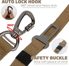 KUTKUT Heavy Duty Dog Leash with Car Seat Belt, 6Ft Shock Absorbing Tactical Bungee Dog Leash, No Pull Dog Training Leash with Double Handle for Small Medium Large Breed (Brown) - kutkutstyle