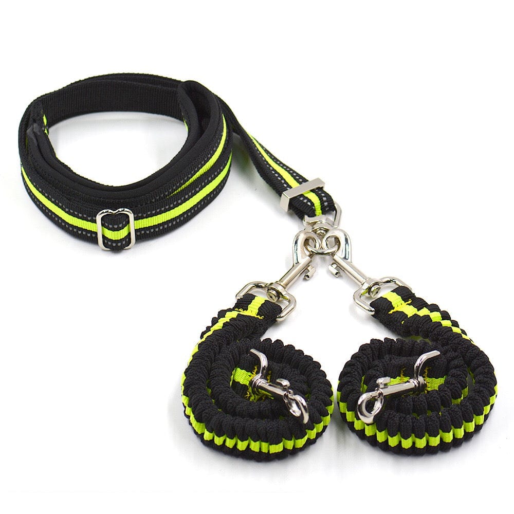 KUTKUT Double Dog Lead Coupler Splitter Adjustable - 360° Swivel No Tangle Dual Dog Walking Training Leash Reflective Bungee Lead Walk 2 Dogs with Ease Hands-Free Dog Leash (Green) - kutkuts