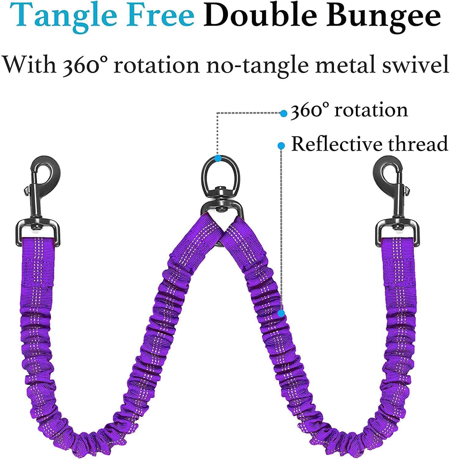 KUTKUT 2022 Style Shock Absorbing 360 Swivel Doubl Nylon Reflective Bungee with Comfortable Soft Handle Dog Leash Rope for Small and Medium Dogs - kutkutstyle