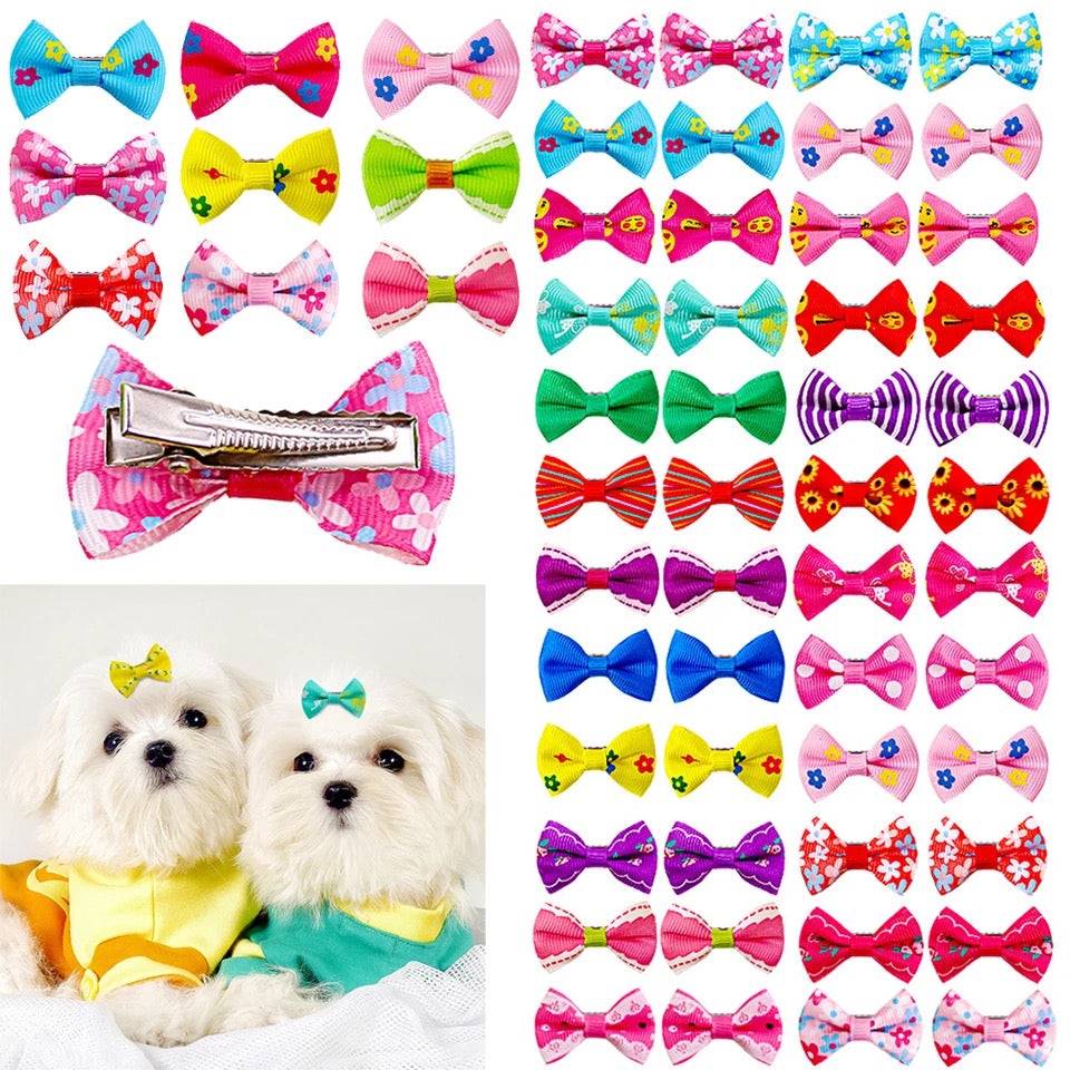 KUTKUT 20Pcs Assorted Handmade Dog Cat Hair Bows Small Dog Cat Hair Clips Cute Puppy Dog Small Bowknot Hair Bows with Metal Clips Handmade Hair Grooming Clips for Poodle Maltese ShihTzu-Pet Accessories-kutkutstyle