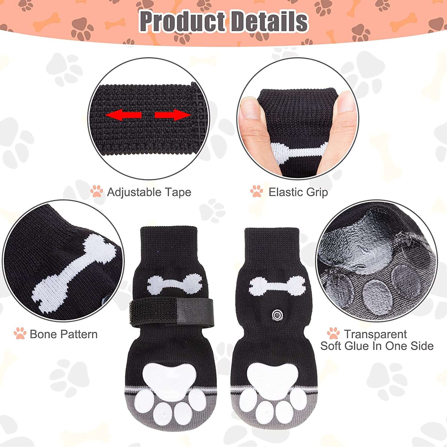 KUTKUT Anti-Skid Knit Socks with Bone Embroidery Pattern for Medium, Large Dogs | Traction Control Non-Slip Pet Paw Protectors with Grips For Big Dogs, Better Control on Hardwood Floor Paw Pr