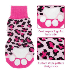 KUTKUT Anti-Slip Dog Socks with Grips Traction Control for Small Medium Dogs, Non Skid Indoor Double Side Pet Leapord Pattern Paw Protector for Hardwood Floor Wear - kutkutstyle