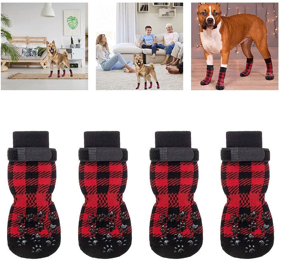 KUTKUT Checkered Pattern Double Sided Anti-Slip Knit Socks for Medium Big Dogs | Traction Control Non-Slip Pet Paw Protectors with Grips For Large Dogs | Better Control on Hardwood Floor - ku