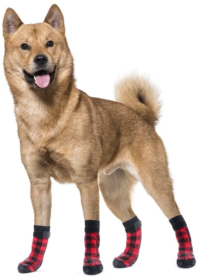 KUTKUT Checkered Pattern Double Sided Anti-Slip Knit Socks for Medium Big Dogs | Traction Control Non-Slip Pet Paw Protectors with Grips For Large Dogs | Better Control on Hardwood Floor - ku