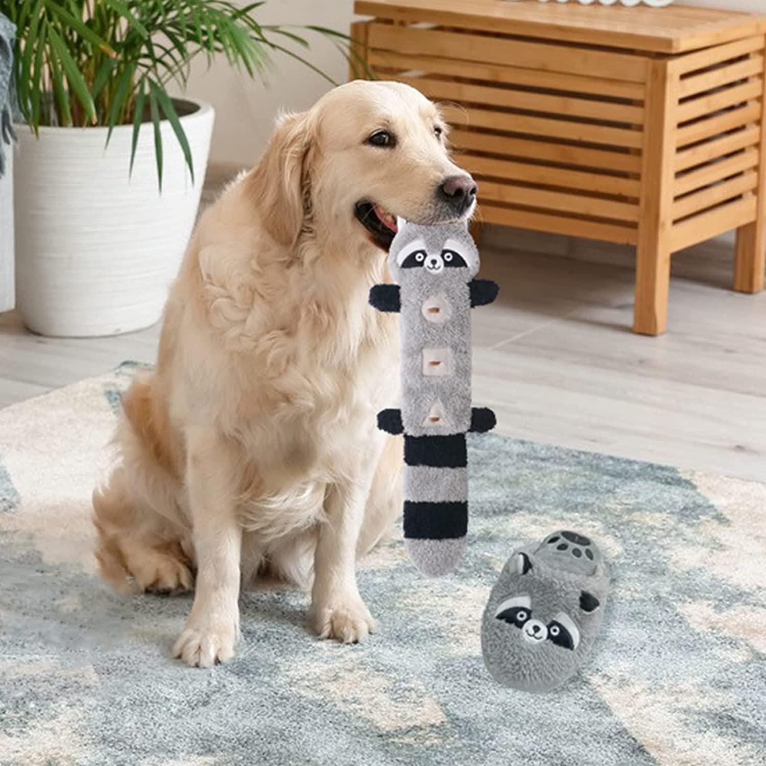 KUTKUT Treat Dispensing Dog Toys, No Stuffing Crinkle Double Squeeky Interactive Dog Toys, Funny Dog Toys for Small & Medium Dogs (Raccoon) - kutkutstyle