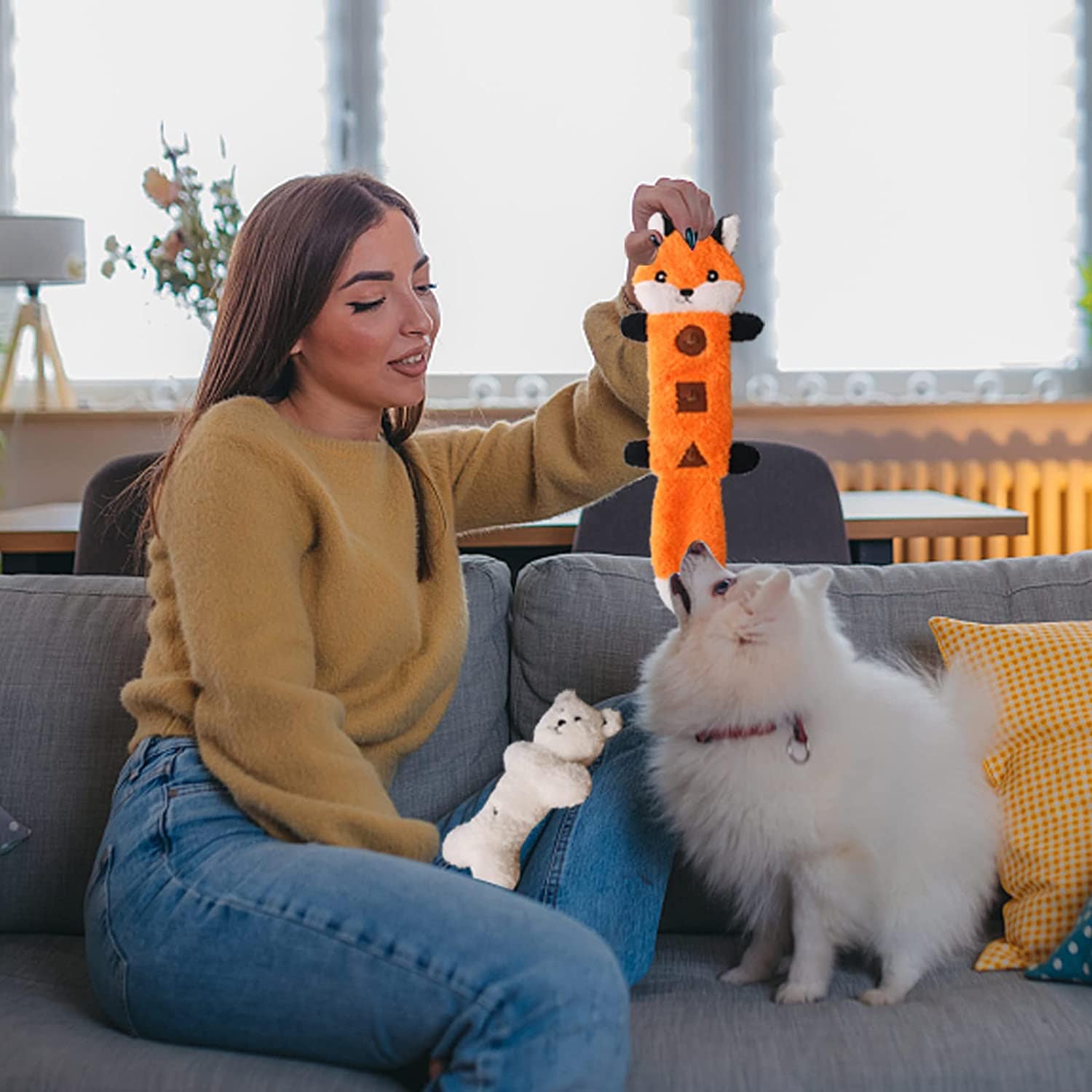 KUTKUT Treat Dispensing Dog Toys, No Stuffing Crinkle Dual Squeeky Interactive Dog Toys, Funny Dog Toys for Small Medium Dogs (Fox) - kutkutstyle