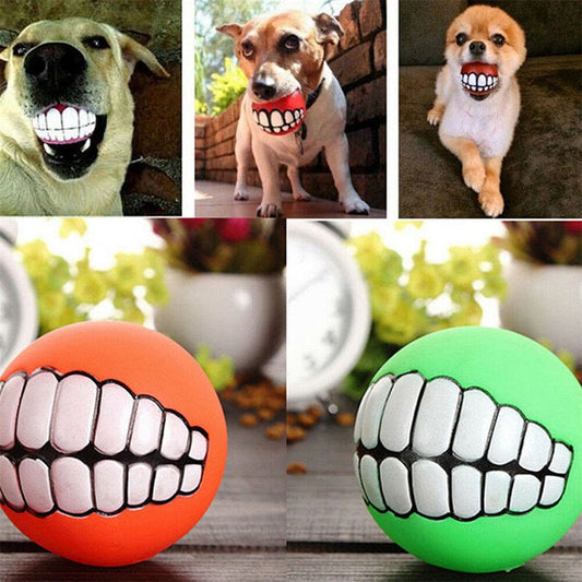 KUTKUT Funny Dog Teeth Ball for Dogs, Fun Pet Toy with Human Smile Design and Squeaker, Nontoxic for Puppy Small Medium Or Large Doggies Tooth Chew Toy, Squeaky Dog Ball Smiling Dog Ball - ku
