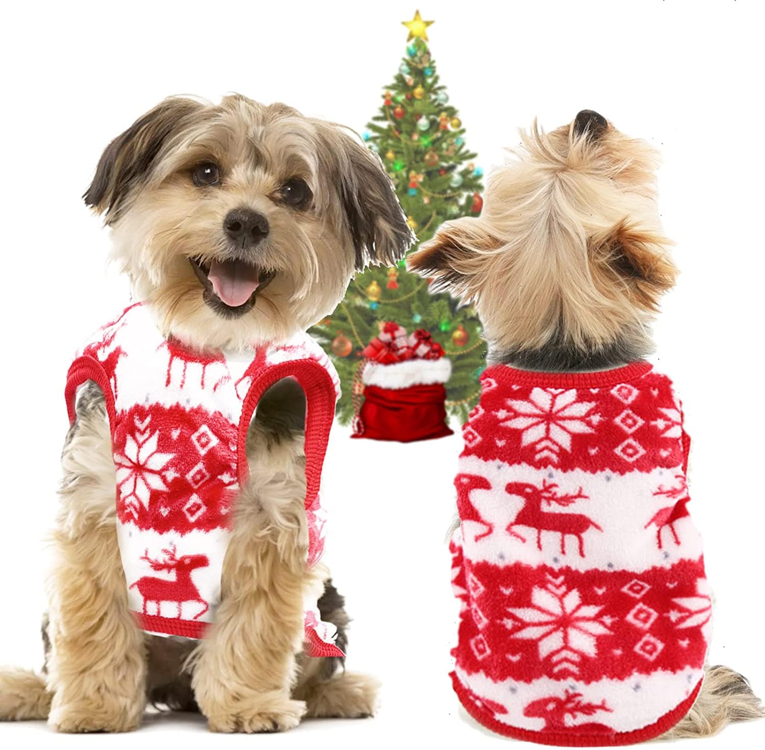 KUTKUT Cute Reindeer X-mas Print Fashion Soft Flannel Fleece Shirt for Small Puppy/Cat, Winter Shirt for Shihtzu Puppy, Maltese, Papillon etc - kutkutstyle