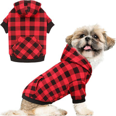 KUTKUT Dog Hoodie British Style Plaid Pet Sweaters with Hat Fleece Cold Weather Dog Hoodies with Pocket Windproof Pullover Pet Winter Sweatshirts for Small Medium Dogs with Harness Hole - kut