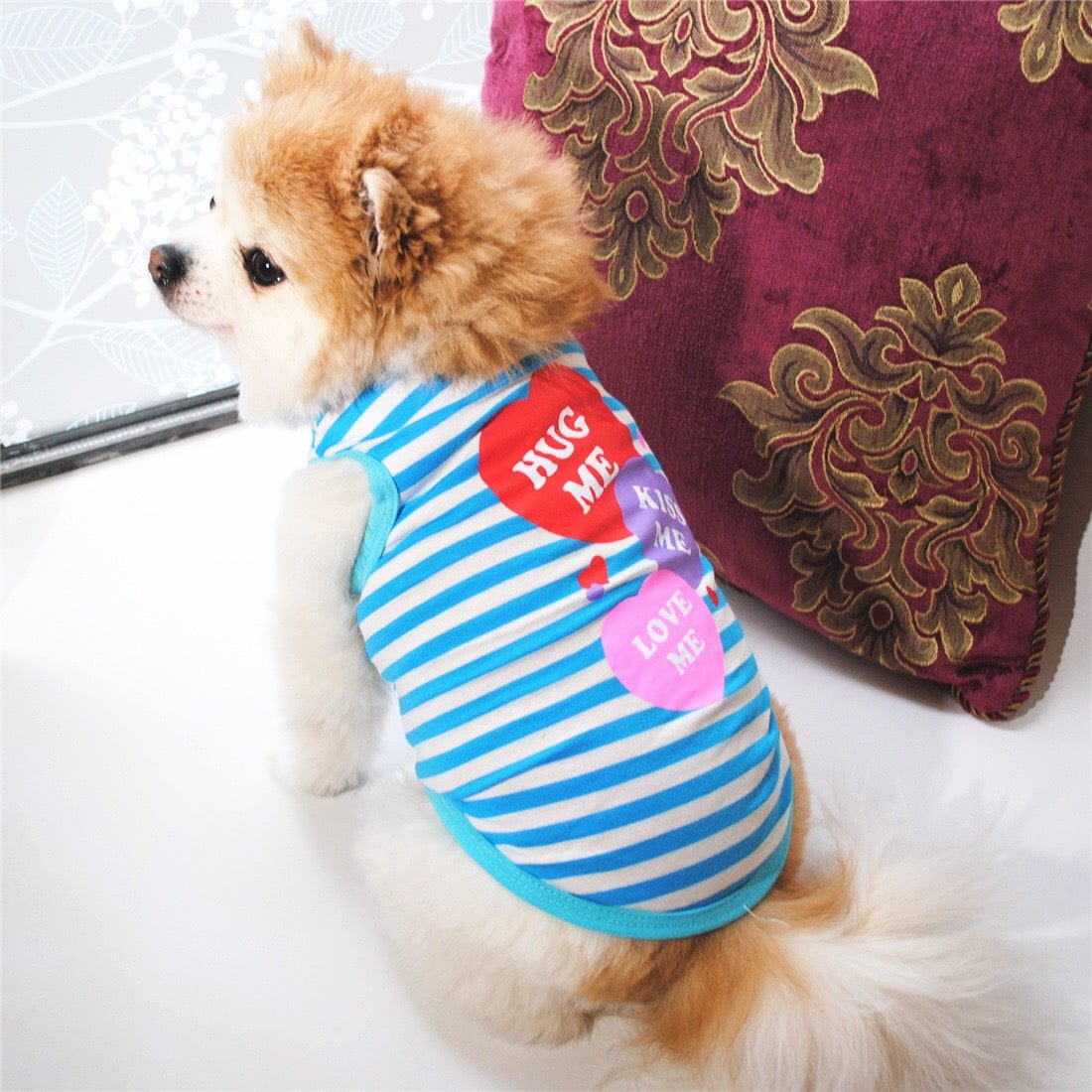 KUTKUT Small Dog & Cat Cotton T-Shirt | Breathable Hug Me Stripes Print Sleeveless Tee Shirt for Maltese, ShishTzu, Lhasa, Pug etc - kutkutstyle