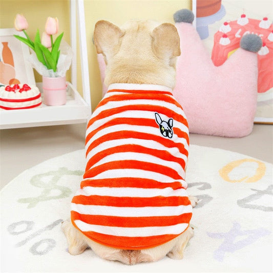 KUTKUT Velvet Fleece Dog Shirt|Stripes Pattern Button Closure Warm Sweatshirt for Small Dogs Cats Boy Girl|Winter Thermal Jammie Clothes for Puppy French Bulldog,Pug - kutkutstyle