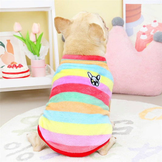KUTKUT Velvet Fleece Shirt|Stripes Pattern Button Closure Warm Sweatshirt for Small Dogs Cats Boy Girl|Winter Thermal Pullover Clothes for Puppy French Bulldog,Pug etc - kutkutstyle