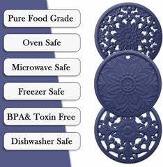 EZYHOME Set of 3 Silicone Trivet Mat - Hot Pot Holder Hot Pads for Table & Countertop - Trivet for Hot Dishes - Non-Slip & Heat Resistant Modern Kitchen Hot Pads for Pots & Pans (Blue) - kutk