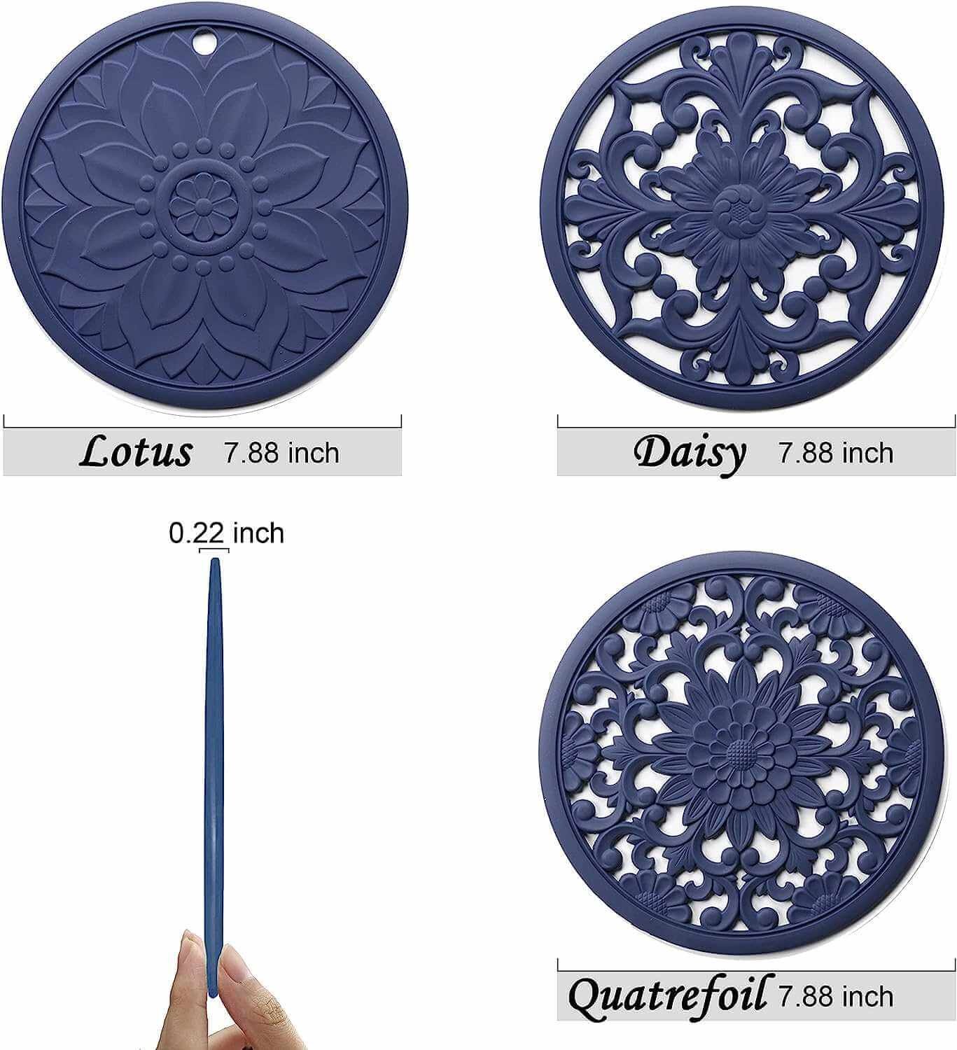 EZYHOME Set of 3 Silicone Trivet Mat - Hot Pot Holder Hot Pads for Table & Countertop - Trivet for Hot Dishes - Non-Slip & Heat Resistant Modern Kitchen Hot Pads for Pots & Pans (Blue) - kutk