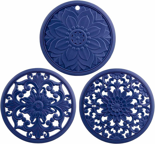EZYHOME Set of 3 Silicone Trivet Mat - Hot Pot Holder Hot Pads for Table & Countertop - Trivet for Hot Dishes - Non-Slip & Heat Resistant Modern Kitchen Hot Pads for Pots & Pans (Blue) - kutk