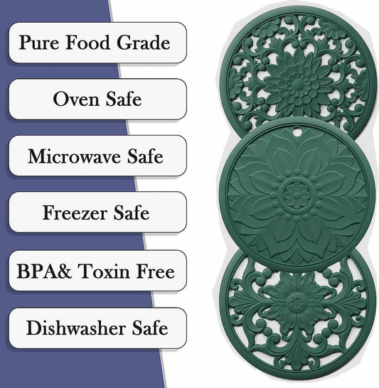 EZYHOME Set of 3 Silicone Trivet Mats,Multi-Use Intricately Carved Hot Pot Trivets for Hot Dishes,Kitchen Mats,Table Mats, Flexible Durable Non Slip & Heat Resistant Kitchen Hot Pads Coasters
