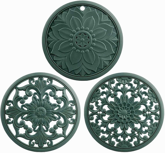 EZYHOME Set of 3 Silicone Trivet Mats,Multi-Use Intricately Carved Hot Pot Trivets for Hot Dishes,Kitchen Mats,Table Mats, Flexible Durable Non Slip & Heat Resistant Kitchen Hot Pads Coasters