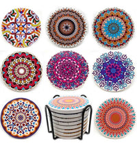 EZYHOME 8Pcs Drink Coasters Set, Absorbent Ceramic Coasters with Holder, Mandala Coasters with Non-Slip Cork Back, Housewarming Gift Stone Coaster, Round Rustic Coasters for Home Restaurant O