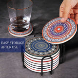 EZYHOME Absorbing Stone Mandala Ceramic Coasters for Drinks Cork Base with Holder, for Friends Funny Birthday Housewarming Apartment Kitchen Bar Decor,Suitable for Wooden Table,Coffee Table,S