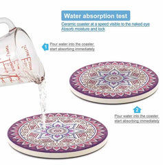 EZYHOME Set of 8 Mandala Flower Ceramic Coaster, Drink Coaster Round Cup Mat Pad Set Mug Coaster with Non-Slip Cork Base and Holder for Cups, Mug, Wine Glass, Home, Kitchen and Bar set of 8 p