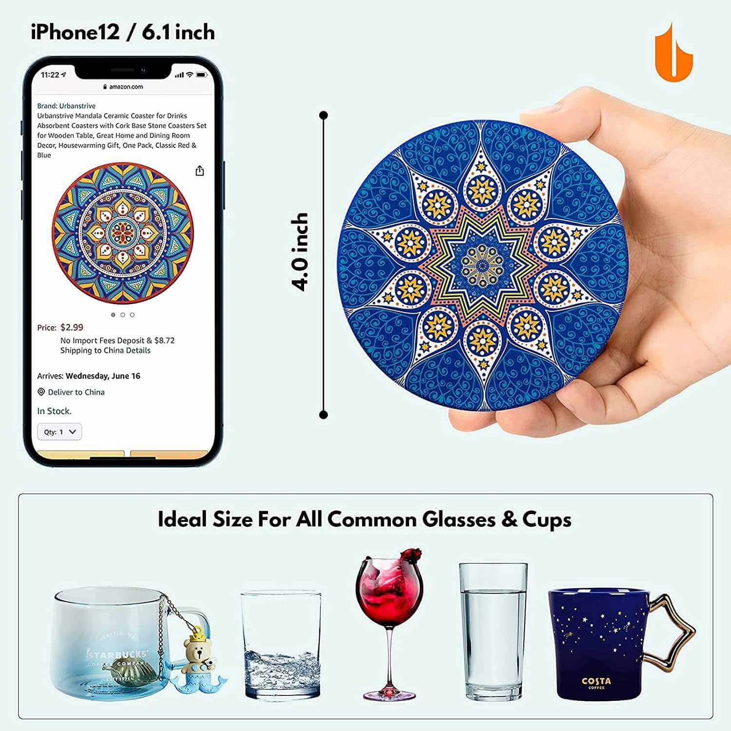 EZYHOME Set of 8 Mandala Flower Ceramic Coaster, Drink Coaster Round Cup Mat Pad Set Mug Coaster with Non-Slip Cork Base and Holder for Cups, Mug, Wine Glass, Home, Kitchen and Bar set of 8 p