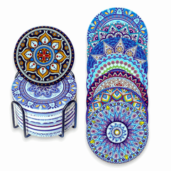 EZYHOME Set of 8 Mandala Flower Ceramic Coaster, Drink Coaster Round Cup Mat Pad Set Mug Coaster with Non-Slip Cork Base and Holder for Cups, Mug, Wine Glass, Home, Kitchen and Bar set of 8 p