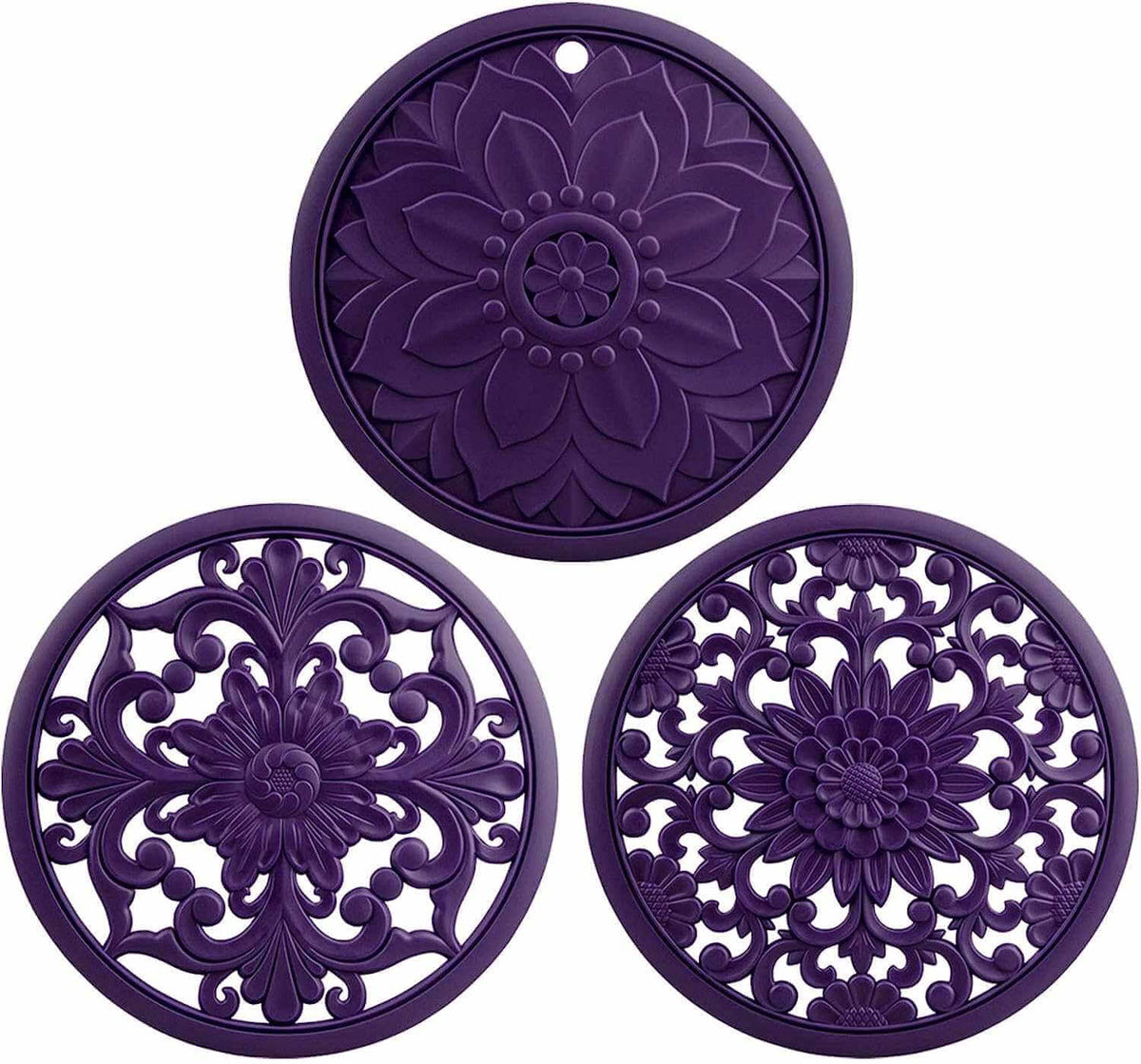 EZYHOME Set of 3 Silicone Trivet Mats,Multi-Use Intricately Carved Hot Pot Trivets for Hot Dishes,Kitchen Mats,Table Mats,Flexible Durable Non Slip & Heat Resistant Kitchen Hot Pads Coasters 