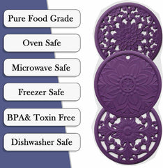 EZYHOME Set of 3 Silicone Trivet Mats,Multi-Use Intricately Carved Hot Pot Trivets for Hot Dishes,Kitchen Mats,Table Mats,Flexible Durable Non Slip & Heat Resistant Kitchen Hot Pads Coasters 