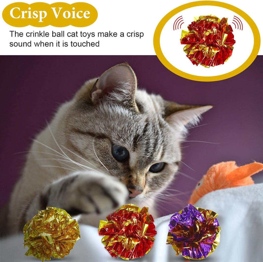 KUTKUT 12Pcs Crinkle Balls for Cats, Shiny and Stress Buster Crinkler, Suitable for Multiple Cats' Play, Ideal for Kittens and Grown-up Cats - kutkutstyle