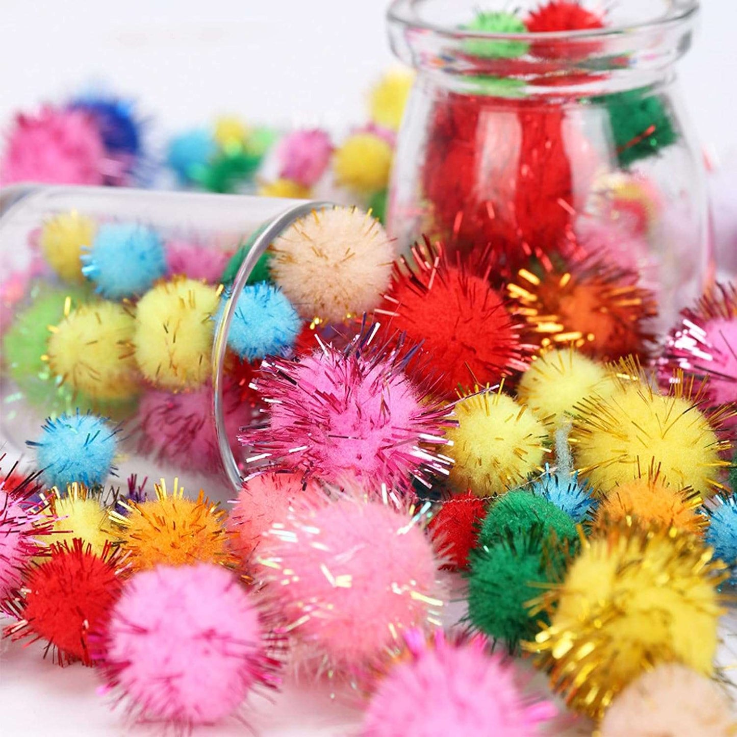 kutkutstyle Toys KUTKUT 50 Pcs 3cm Sparkle Ball Cat Toy Interactive Balls Multicolor for Kittens Exercise and Multiple Cats Play and Chase Cat's Favorite Toy Ball Tinsel Pom Poms Glitters